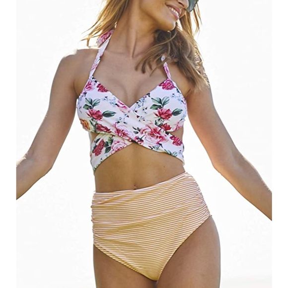 Cupshe Floral & Striped Wrap Top Monokini … - Picture 1 of 6